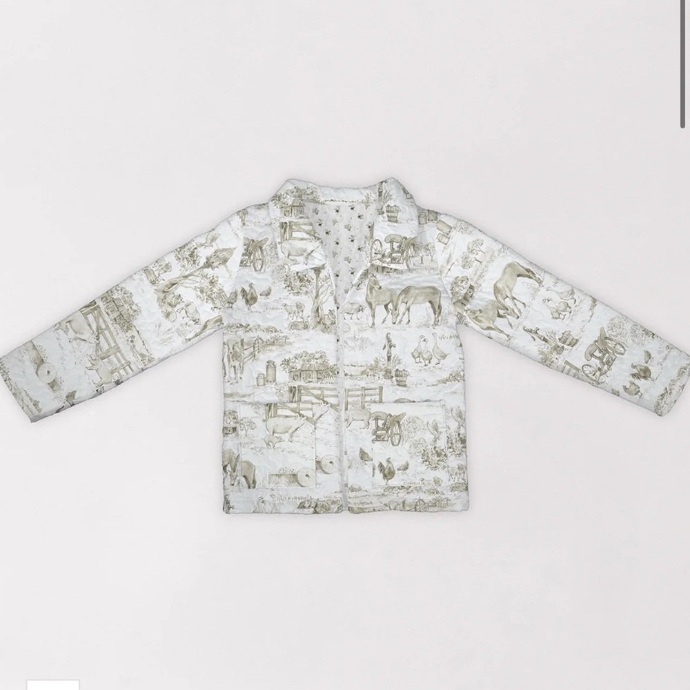 Aledo Toile Linen Quilted Jacket Farm Pattern Green White S/M - Picture 2 of 6